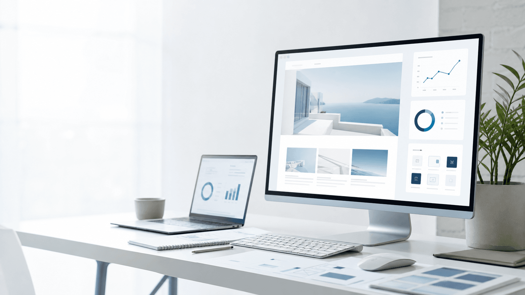 Bright desk with website mockups and analytics dashboards